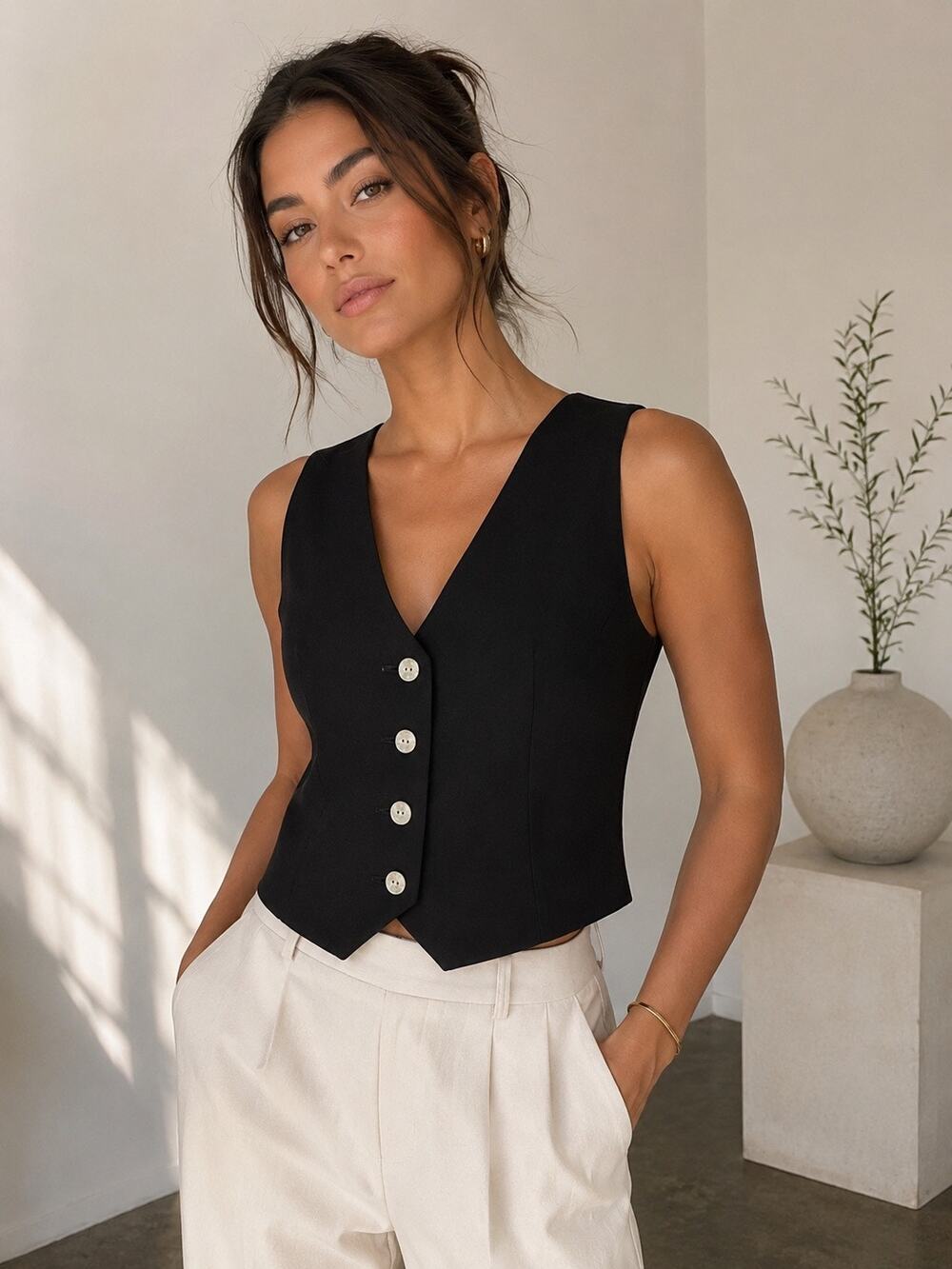Madewell Black Tailored Vest 00 New Cropped Button Front Minimalist Capsule Top
